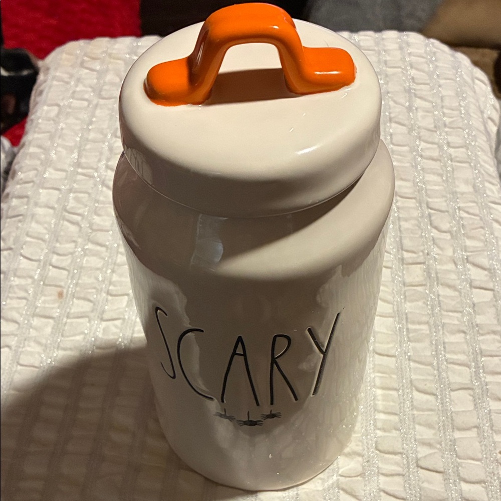 Rae Dunn White Ceramic Jar with Orange Accent